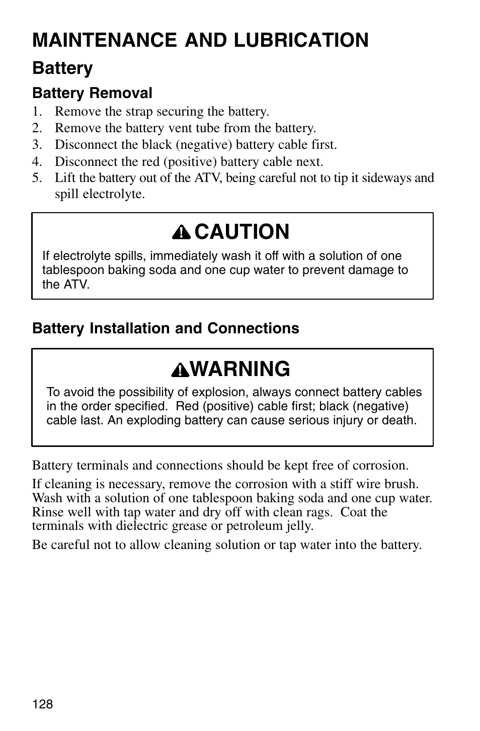 Caution, Warning, Maintenance and lubrication | Battery | Polaris Sprotsman 700 User Manual | Page 130 / 148