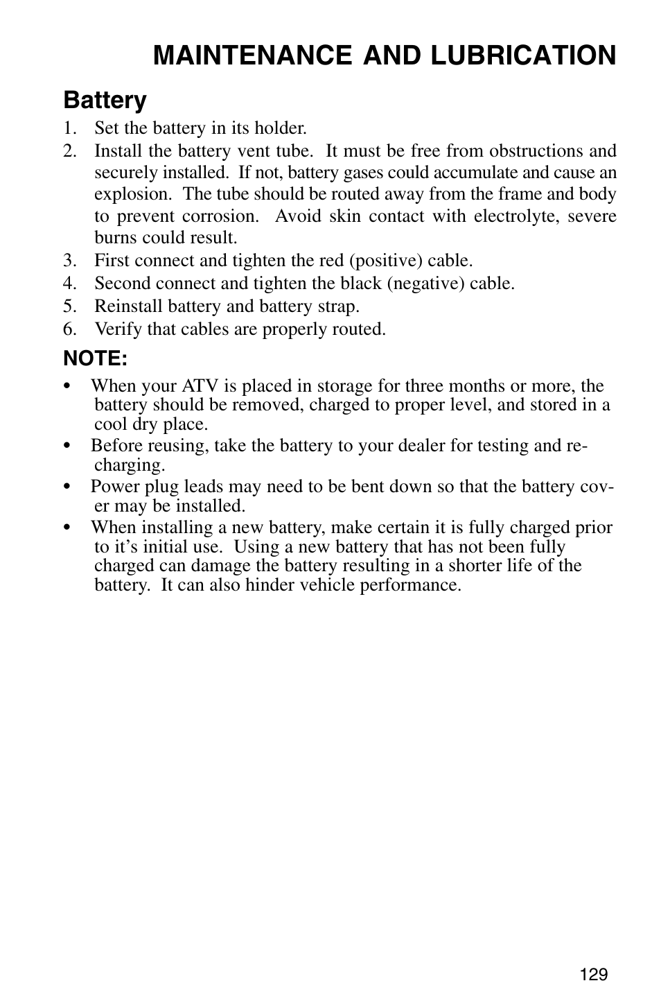 Maintenance and lubrication, Battery | Polaris Sprotsman 700 User Manual | Page 131 / 148