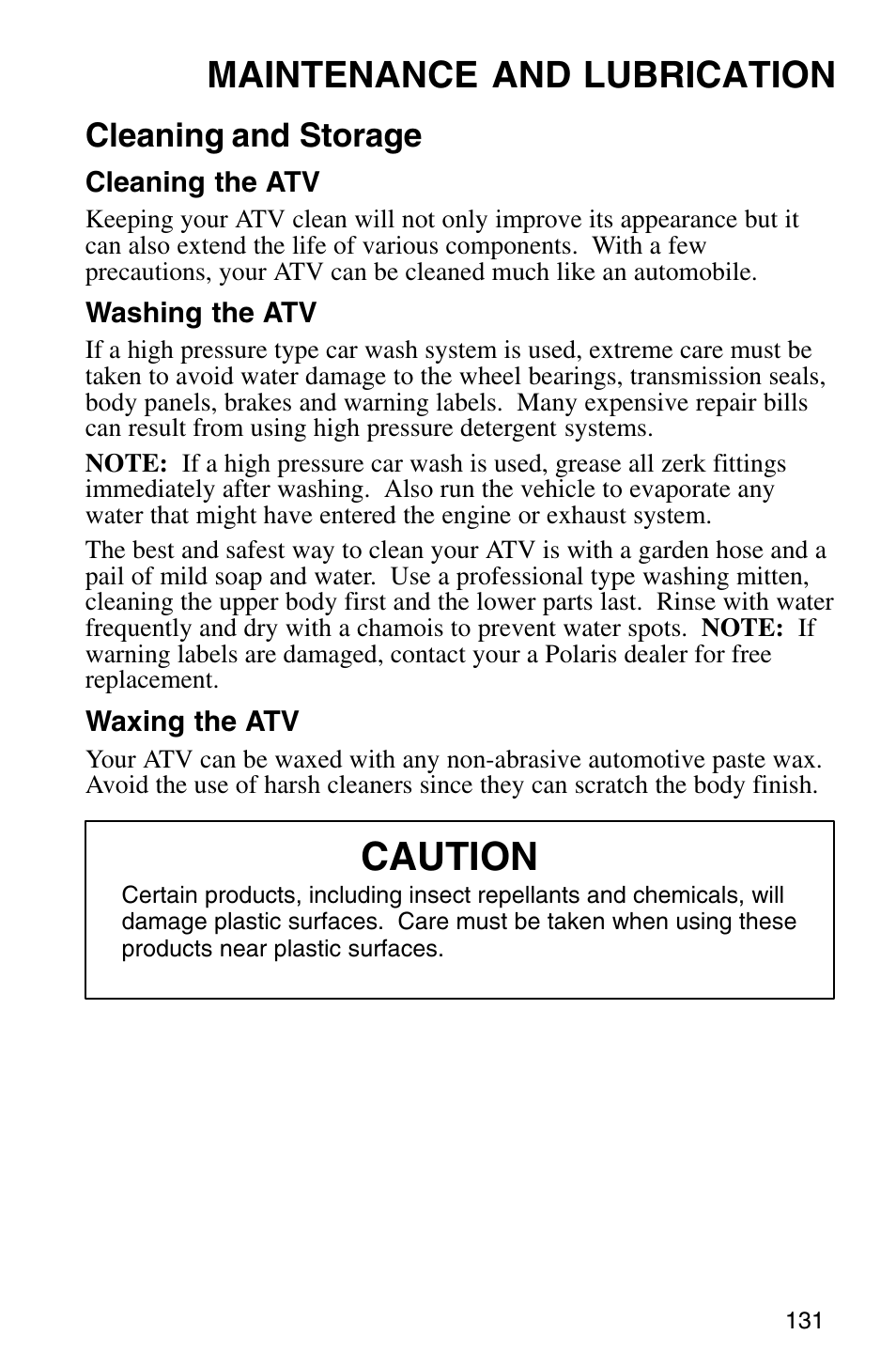 Caution, Maintenance and lubrication, Cleaning and storage | Polaris Sprotsman 700 User Manual | Page 133 / 148
