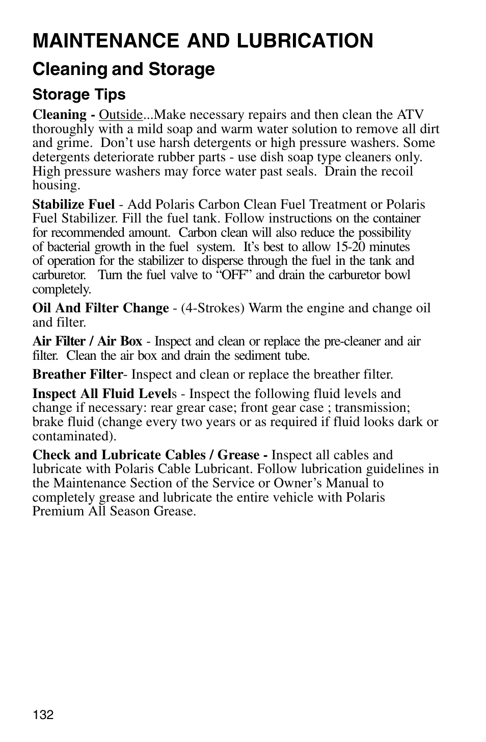 Maintenance and lubrication, Cleaning and storage | Polaris Sprotsman 700 User Manual | Page 134 / 148