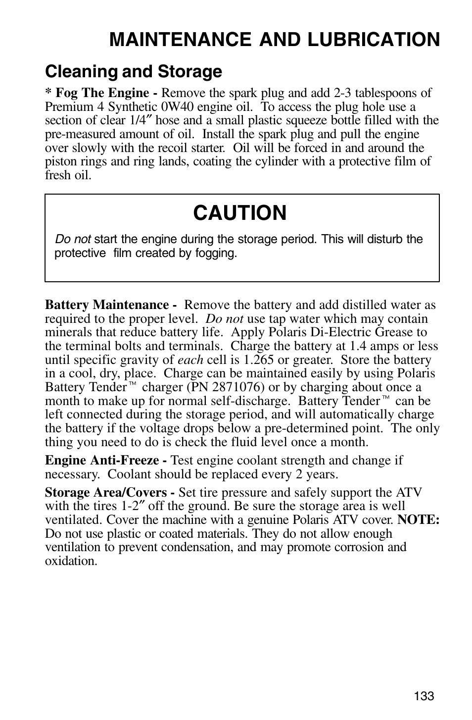 Caution, Maintenance and lubrication, Cleaning and storage | Polaris Sprotsman 700 User Manual | Page 135 / 148