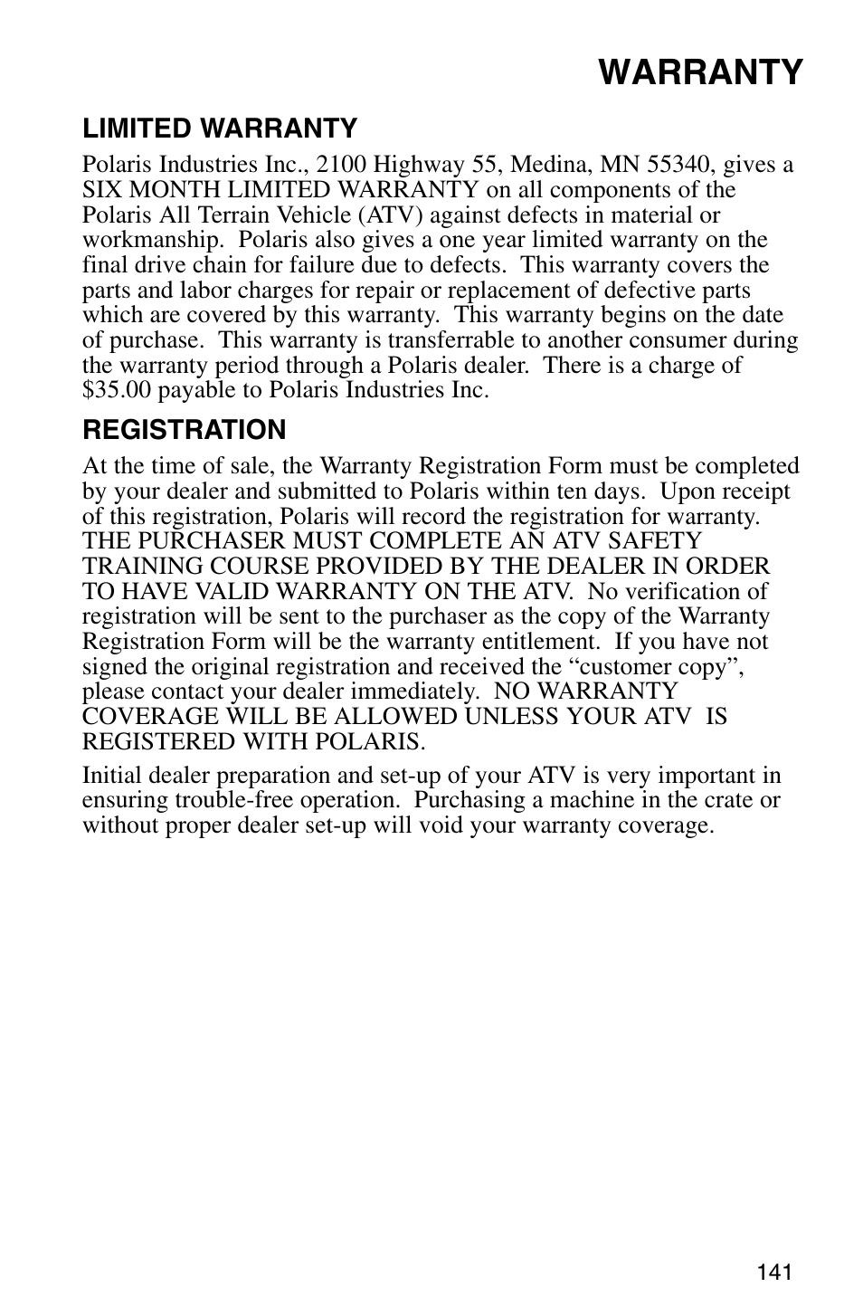 Warranty | Polaris Sprotsman 700 User Manual | Page 143 / 148