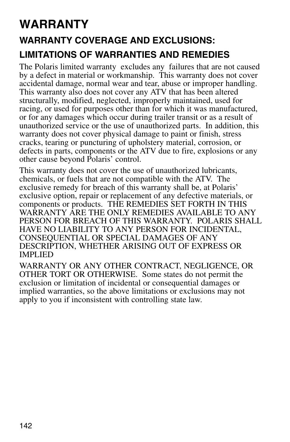Warranty | Polaris Sprotsman 700 User Manual | Page 144 / 148