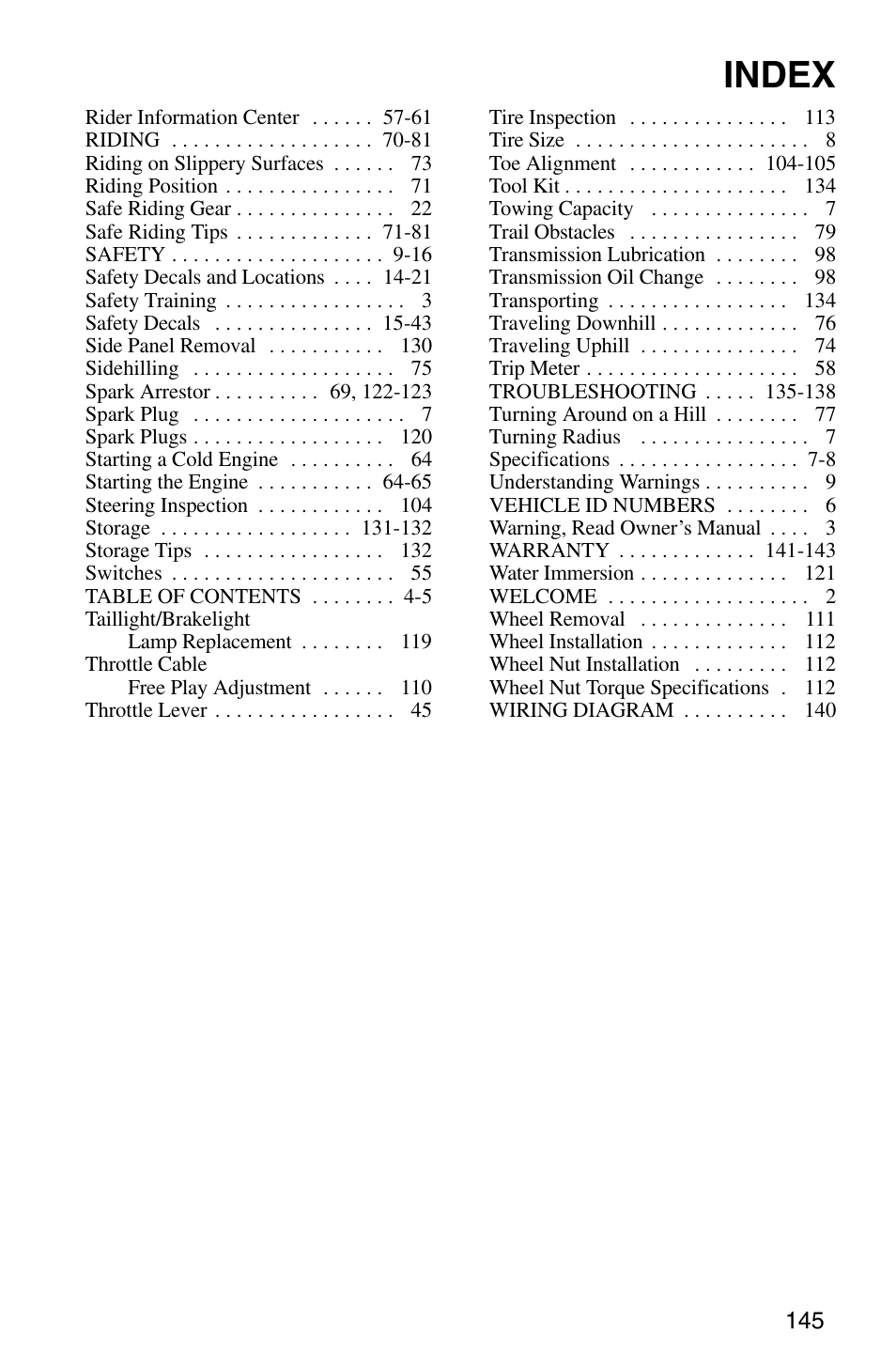 Index | Polaris Sprotsman 700 User Manual | Page 147 / 148