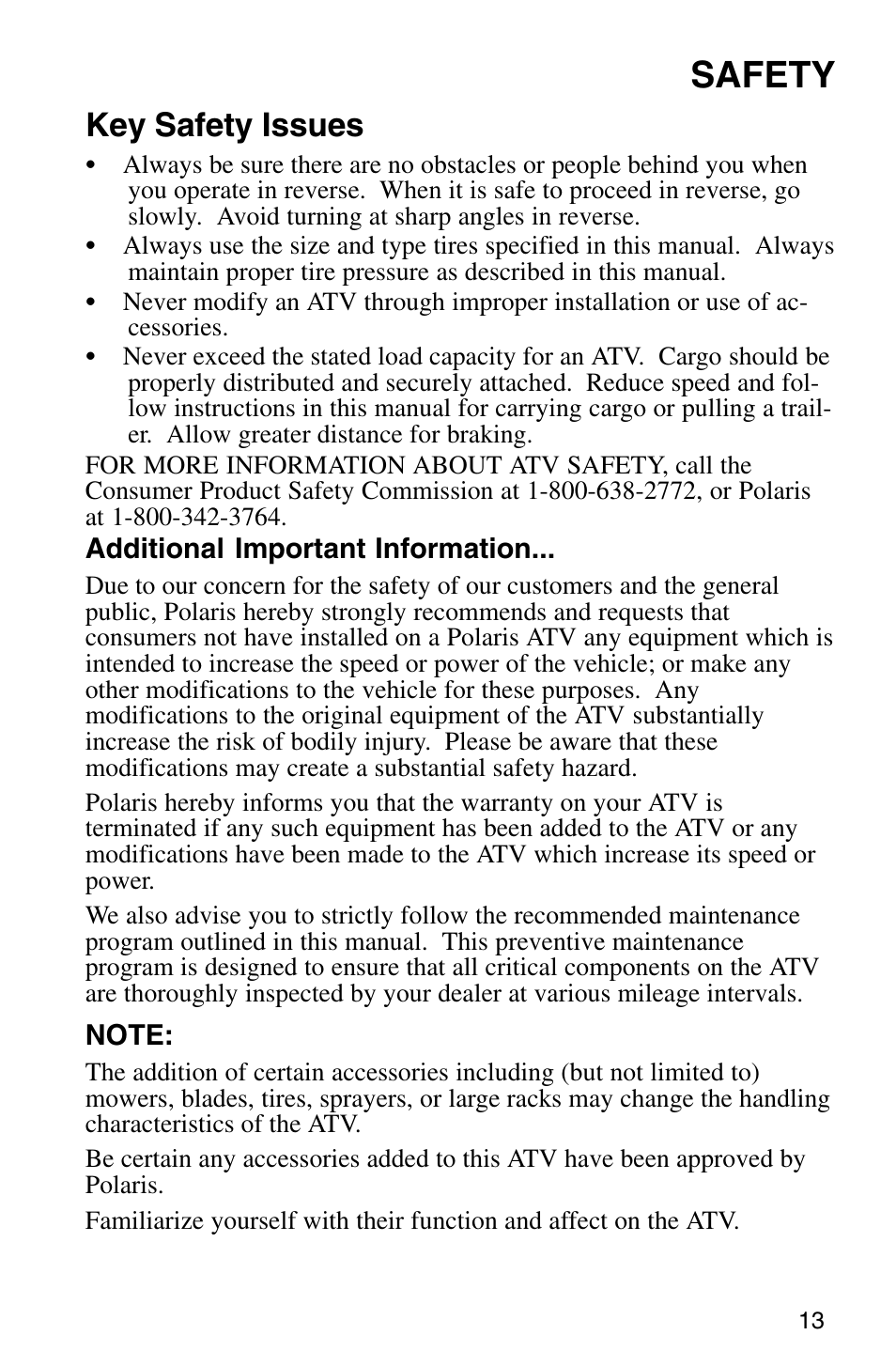 Safety, Key safety issues | Polaris Sprotsman 700 User Manual | Page 15 / 148