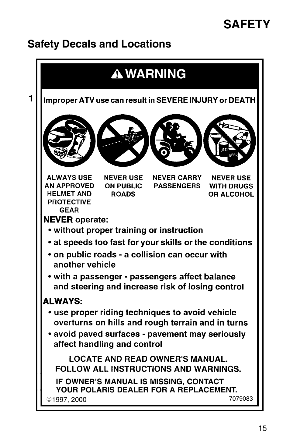 Warning, Safety, Safety decals and locations | Polaris Sprotsman 700 User Manual | Page 17 / 148