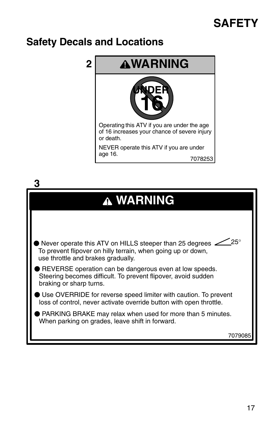 Warning, Safety, Safety decals and locations | Under 2 3 | Polaris Sprotsman 700 User Manual | Page 19 / 148