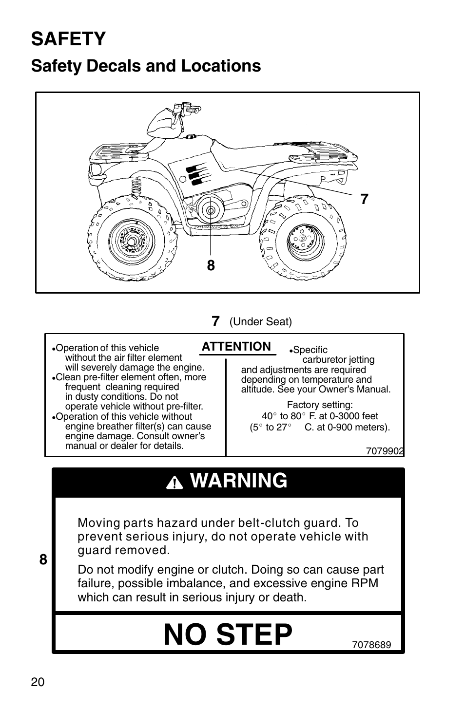 No step, Warning, Safety | Safety decals and locations | Polaris Sprotsman 700 User Manual | Page 22 / 148