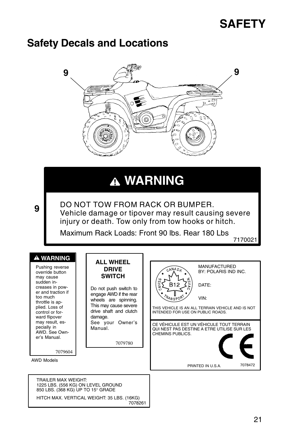 Warning, Safety, Safety decals and locations | Polaris Sprotsman 700 User Manual | Page 23 / 148