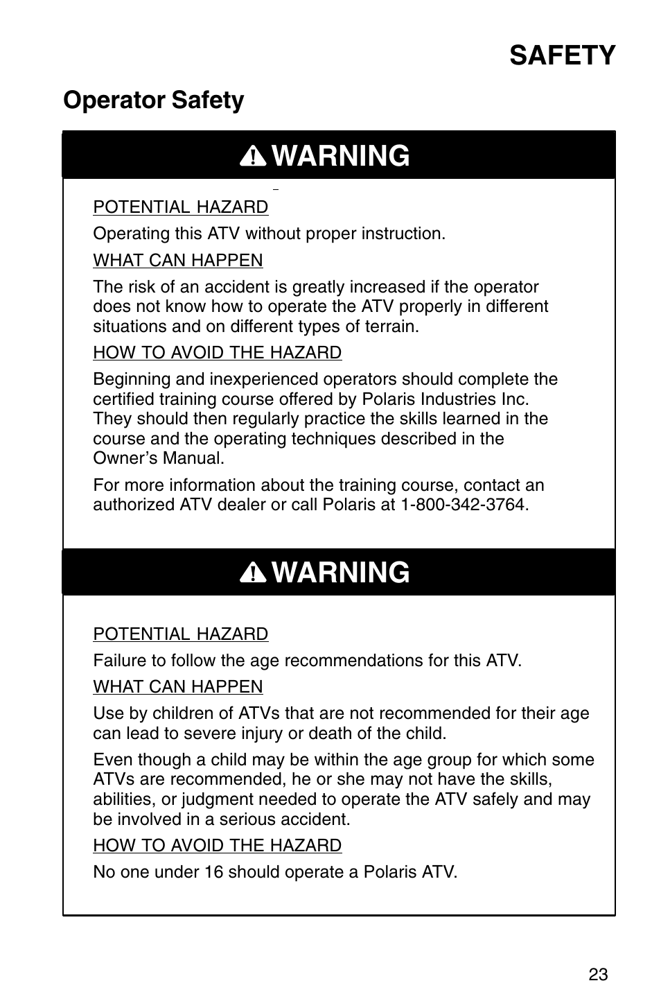 Warning, Safety, Operator safety | Polaris Sprotsman 700 User Manual | Page 25 / 148