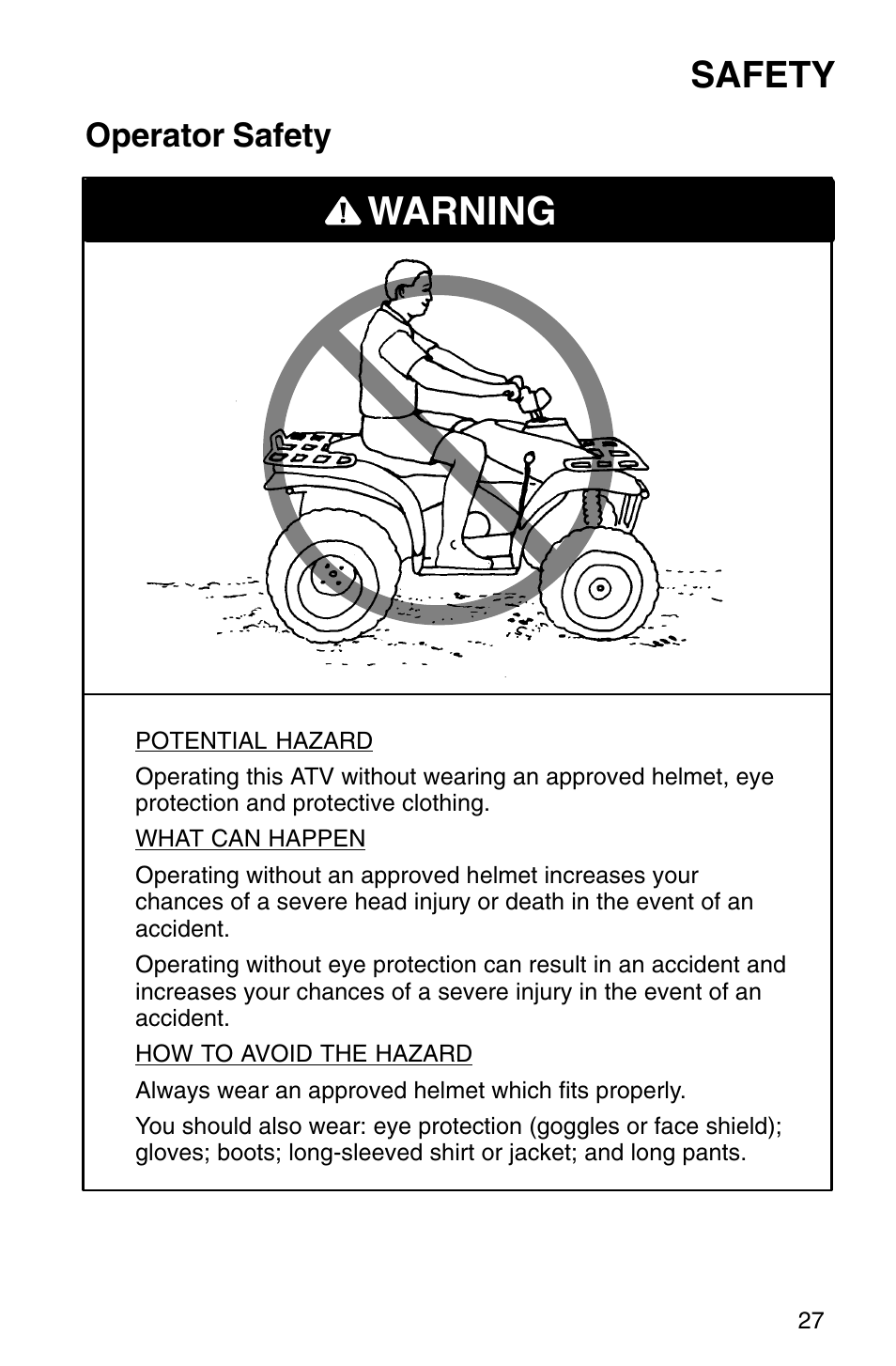 Warning, Safety, Operator safety | Polaris Sprotsman 700 User Manual | Page 29 / 148