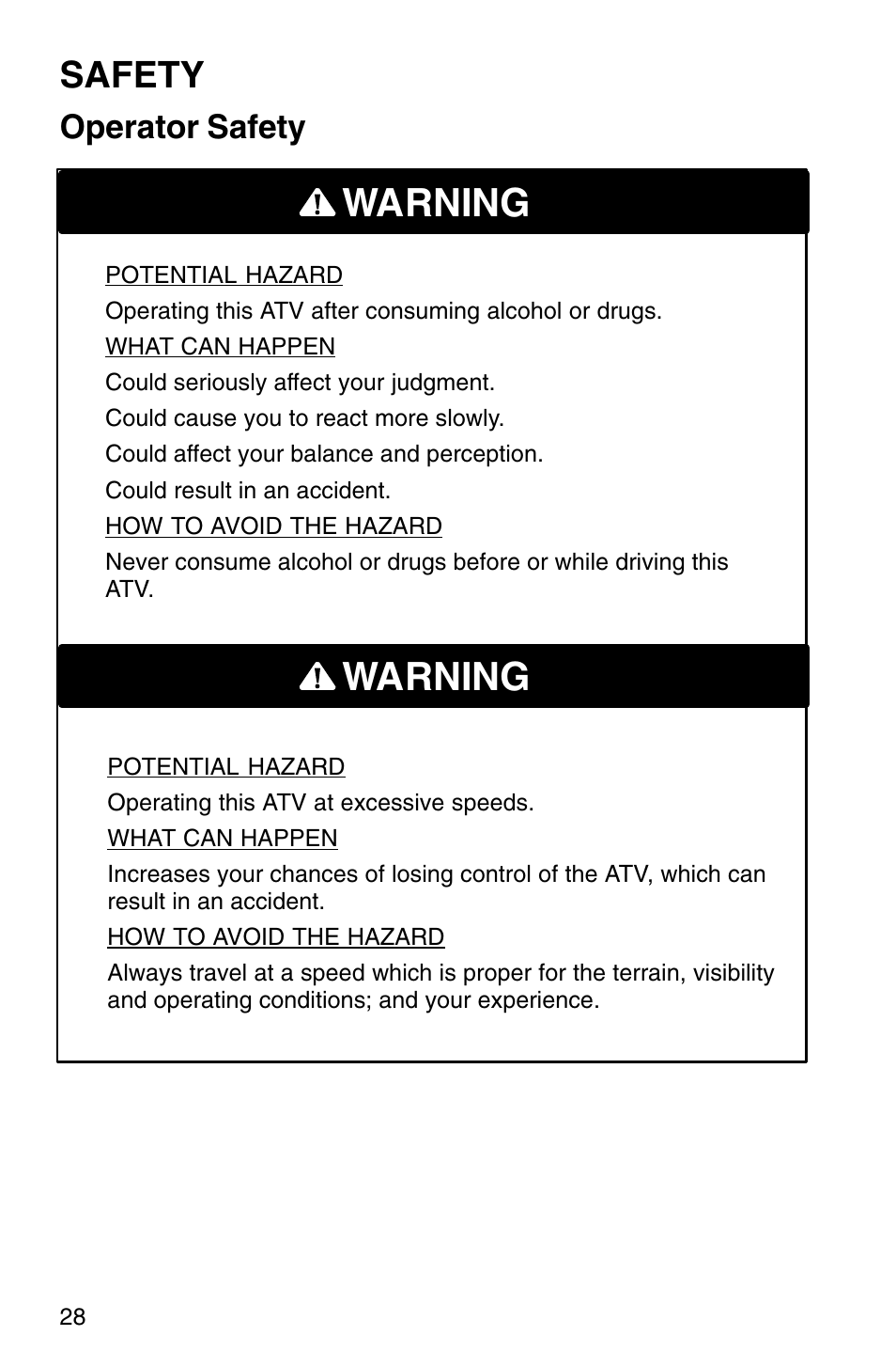 Warning, Safety, Operator safety | Polaris Sprotsman 700 User Manual | Page 30 / 148