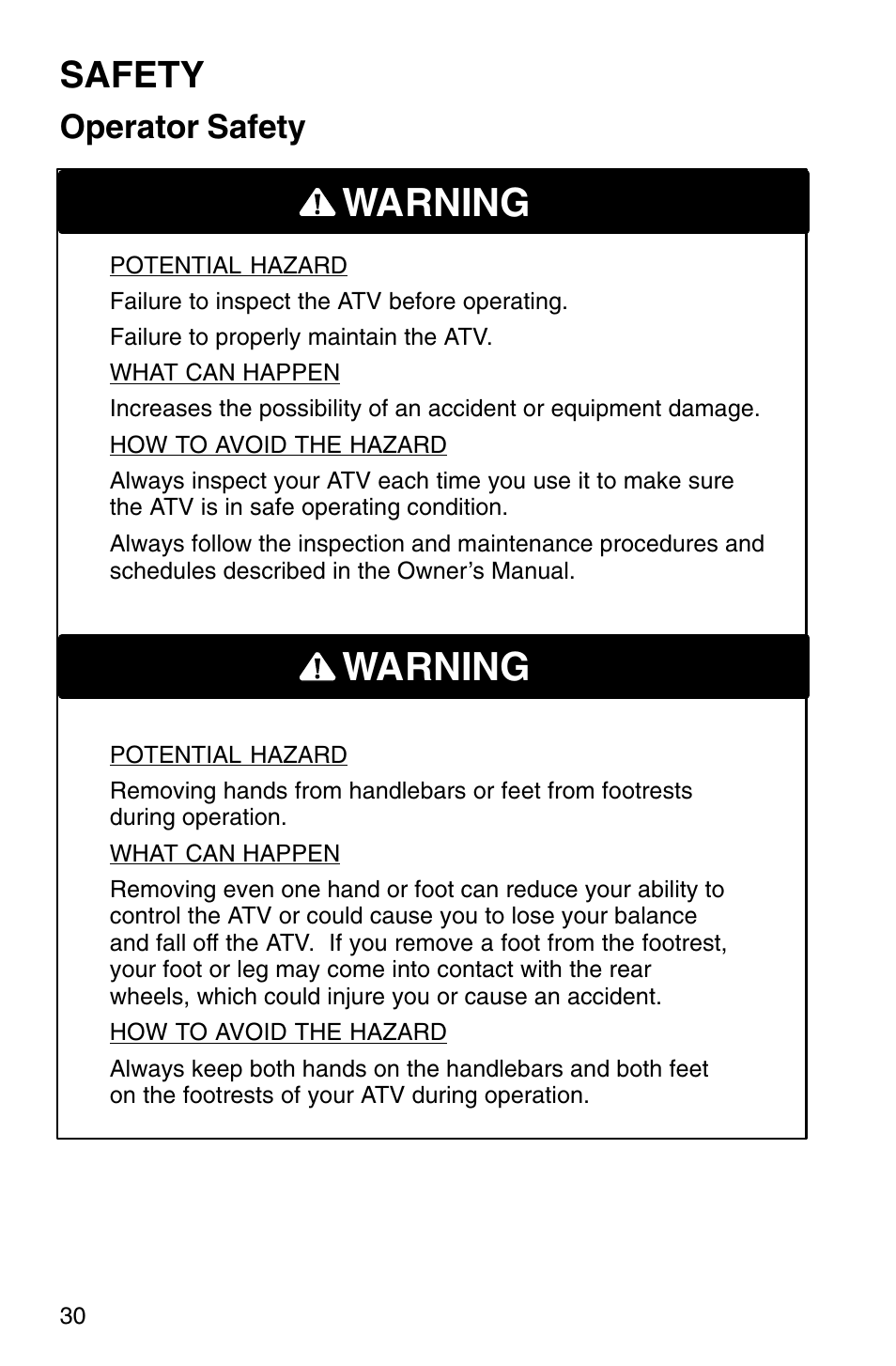 Warning, Safety, Operator safety | Polaris Sprotsman 700 User Manual | Page 32 / 148