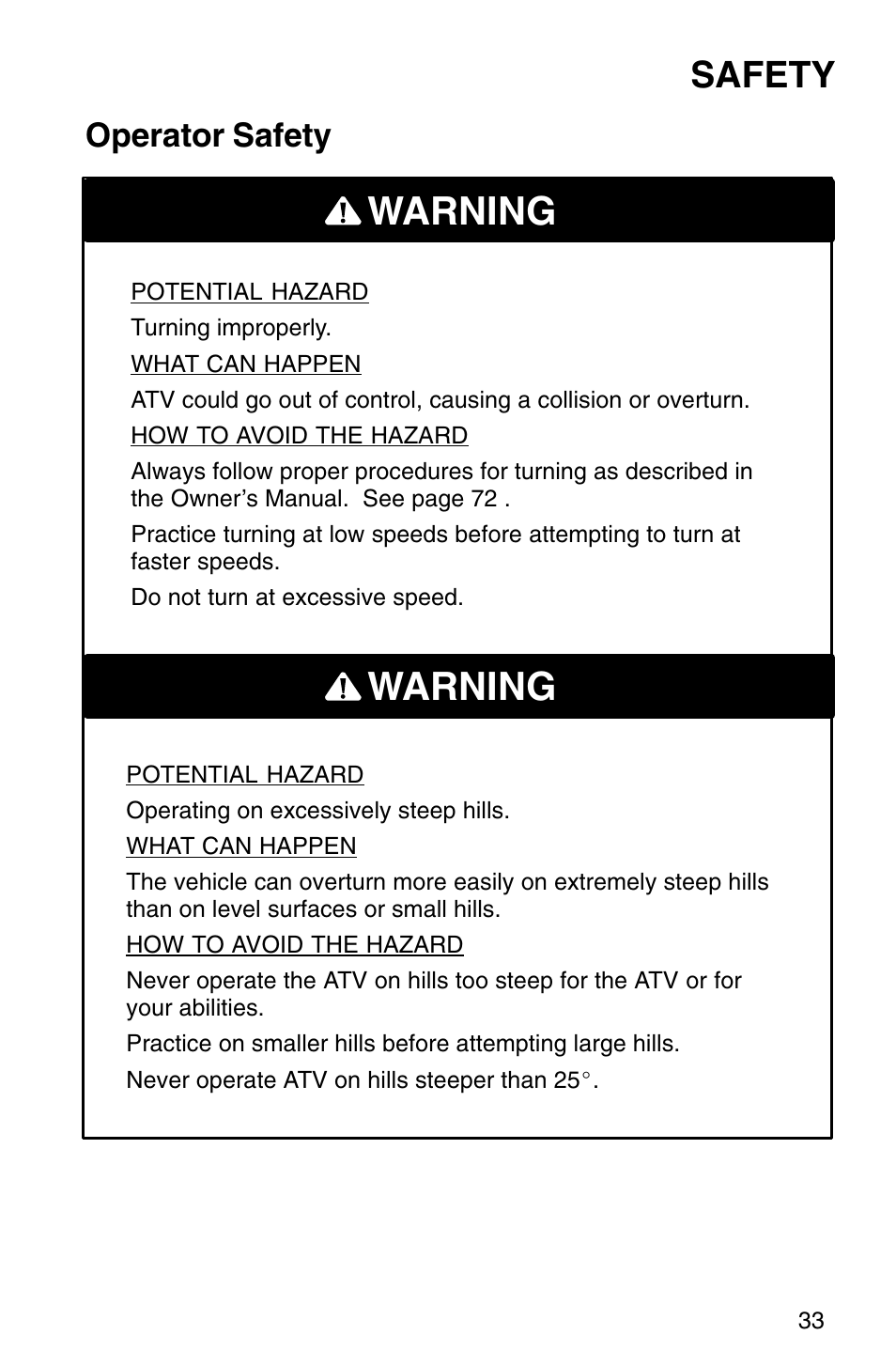 Warning, Safety, Operator safety | Polaris Sprotsman 700 User Manual | Page 35 / 148