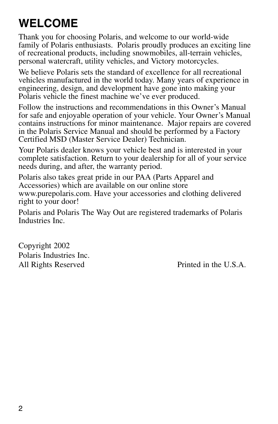 Welcome | Polaris Sprotsman 700 User Manual | Page 4 / 148