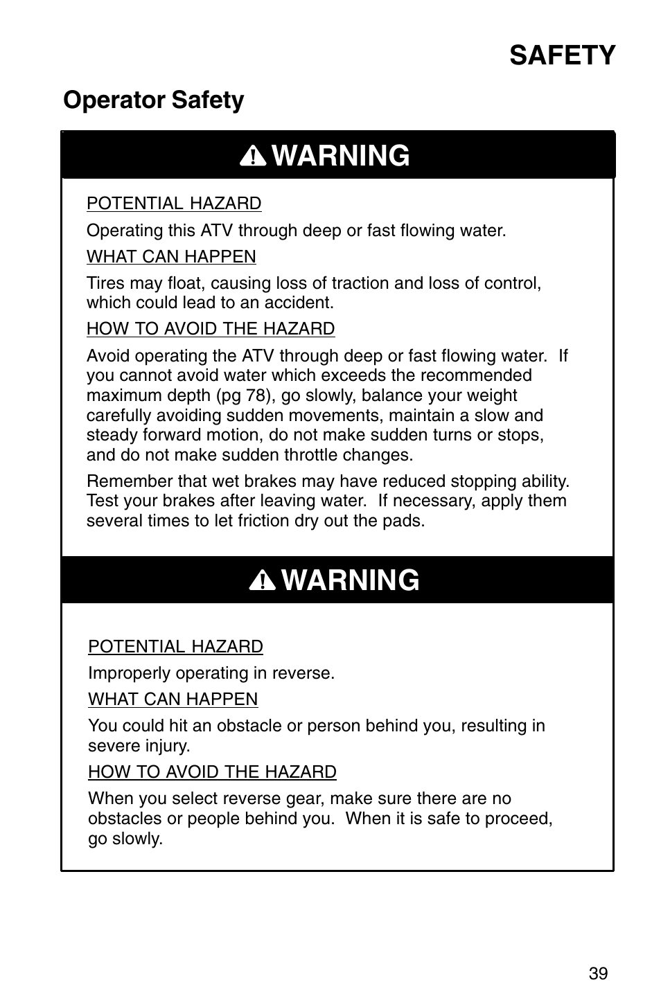 Warning, Safety, Operator safety | Polaris Sprotsman 700 User Manual | Page 41 / 148