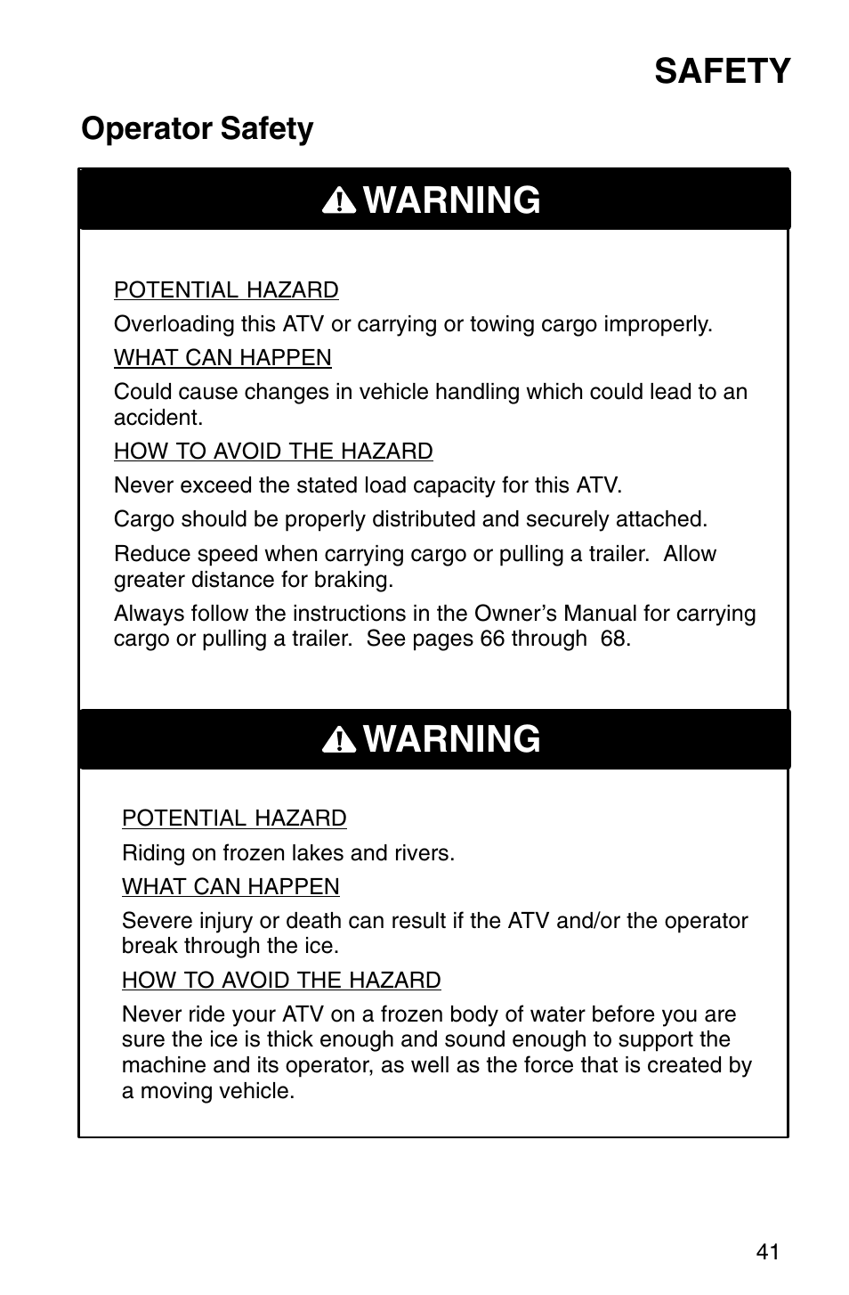 Warning, Safety, Operator safety | Polaris Sprotsman 700 User Manual | Page 43 / 148