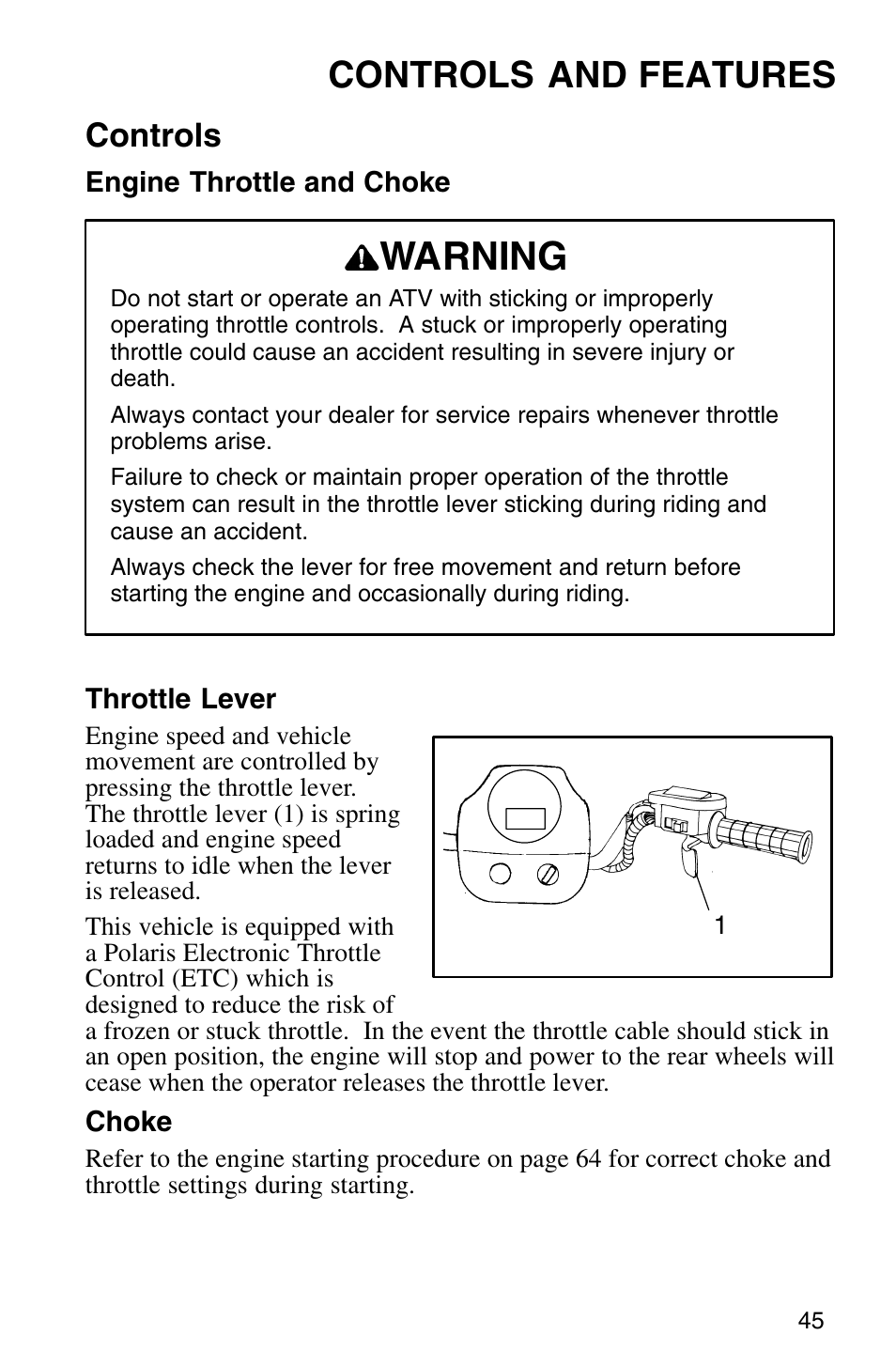 Warning, Controls and features, Controls | Polaris Sprotsman 700 User Manual | Page 47 / 148