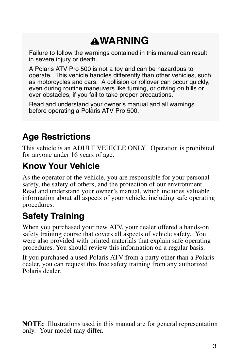 Warning, Age restrictions, Know your vehicle | Safety training | Polaris Sprotsman 700 User Manual | Page 5 / 148