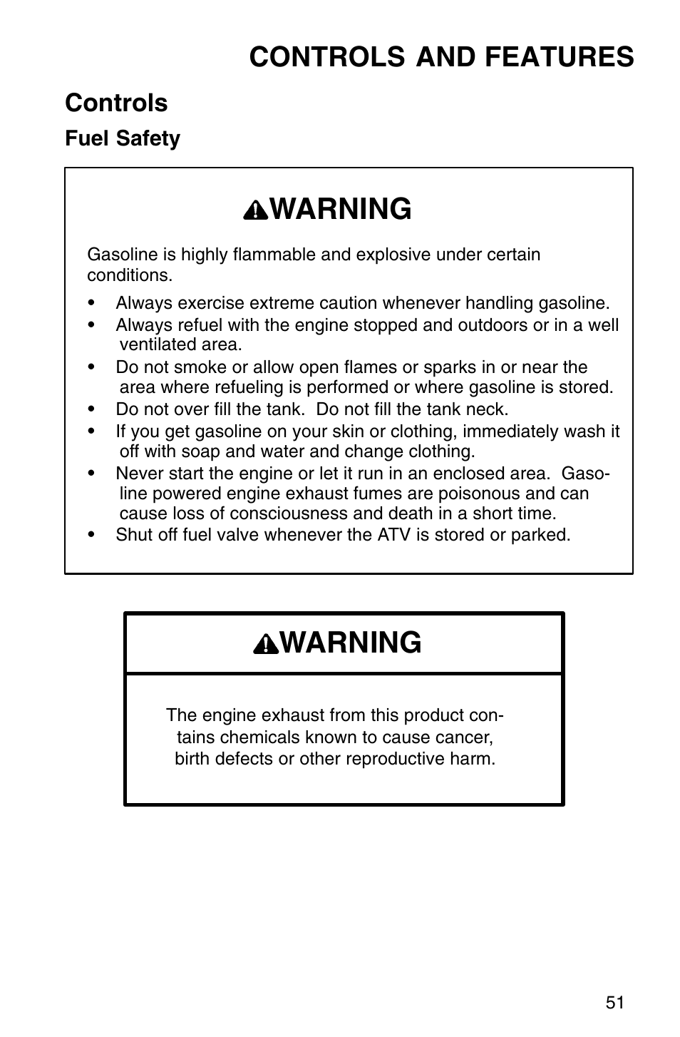 Warning, Controls and features, Controls | Polaris Sprotsman 700 User Manual | Page 53 / 148