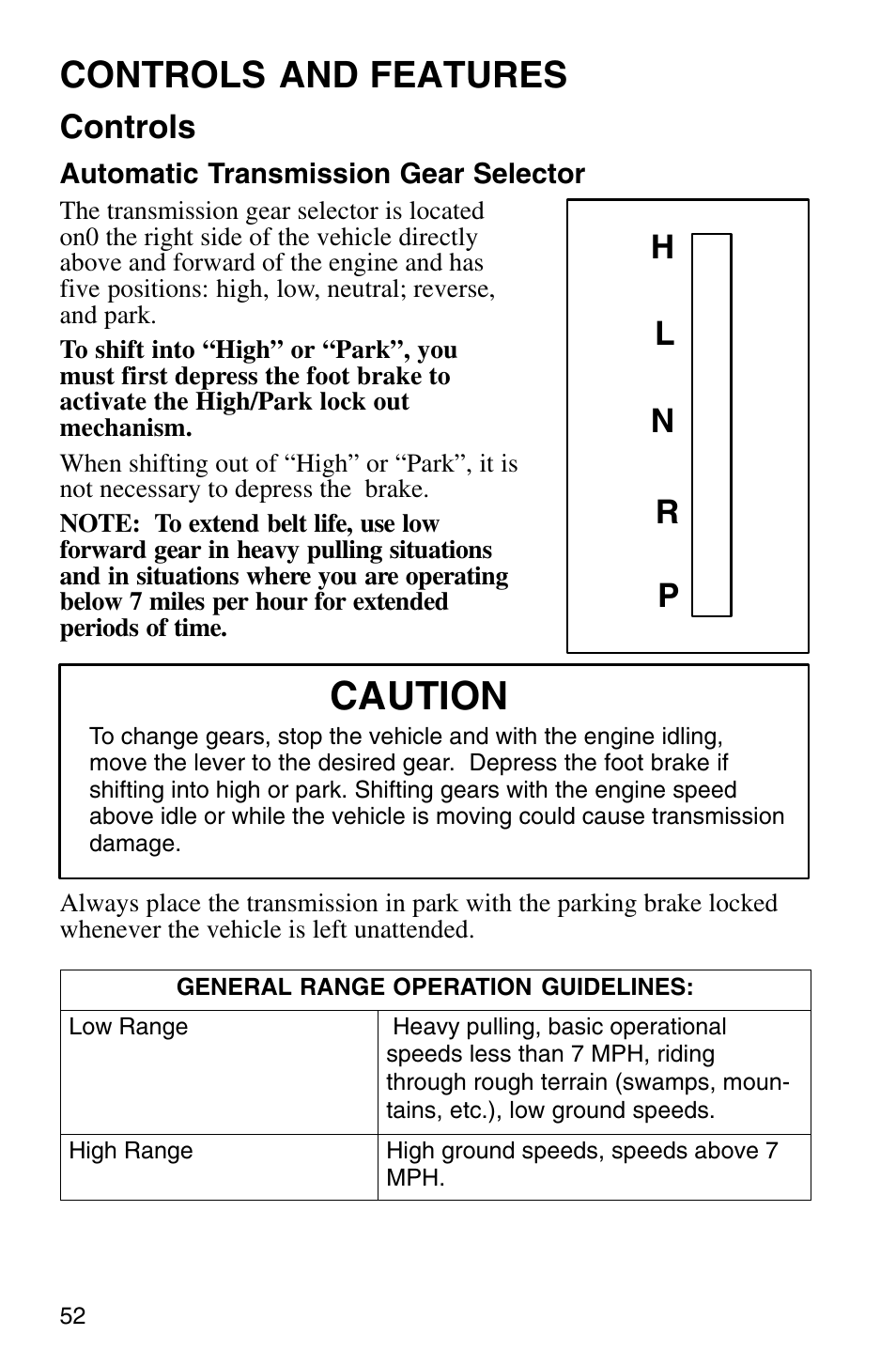 Caution, Controls and features, Controls | Hn r p l | Polaris Sprotsman 700 User Manual | Page 54 / 148