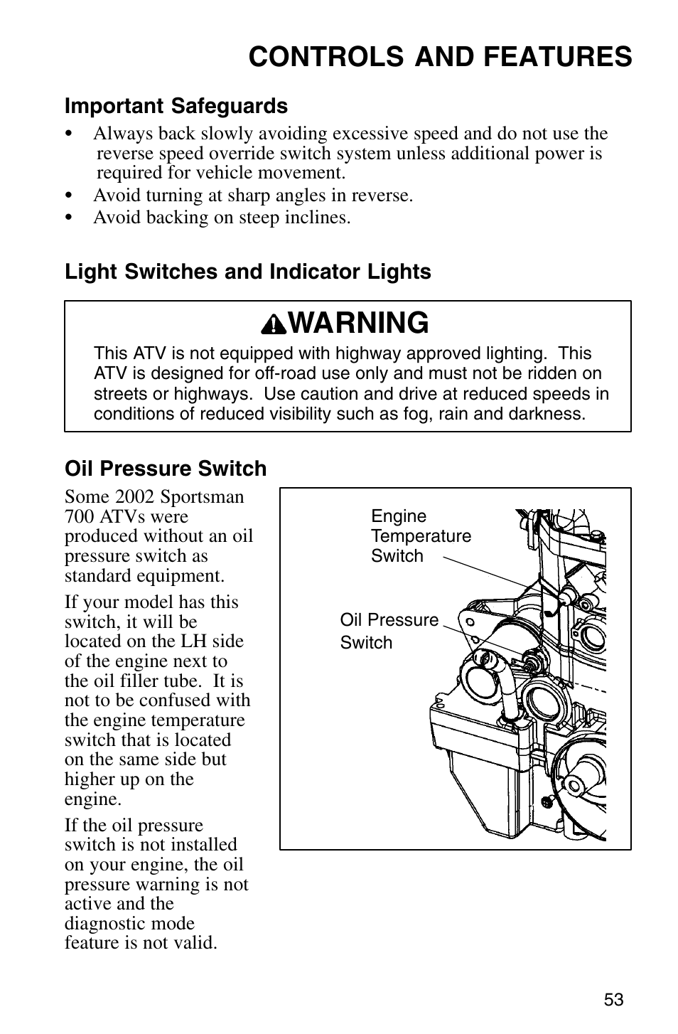 Warning, Controls and features | Polaris Sprotsman 700 User Manual | Page 55 / 148