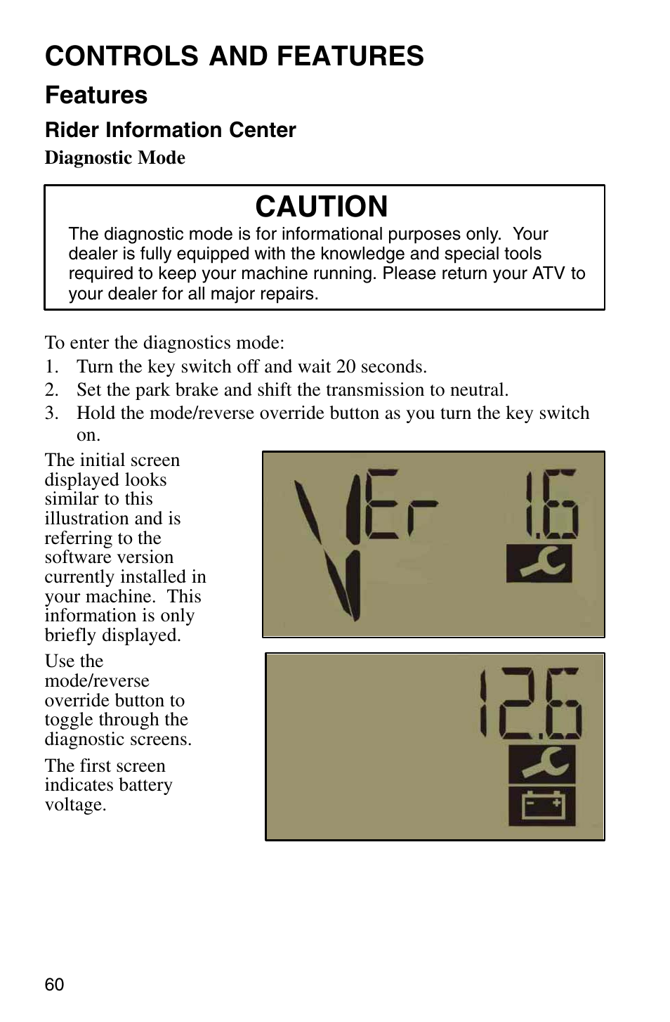 Caution, Controls and features, Features | Polaris Sprotsman 700 User Manual | Page 62 / 148