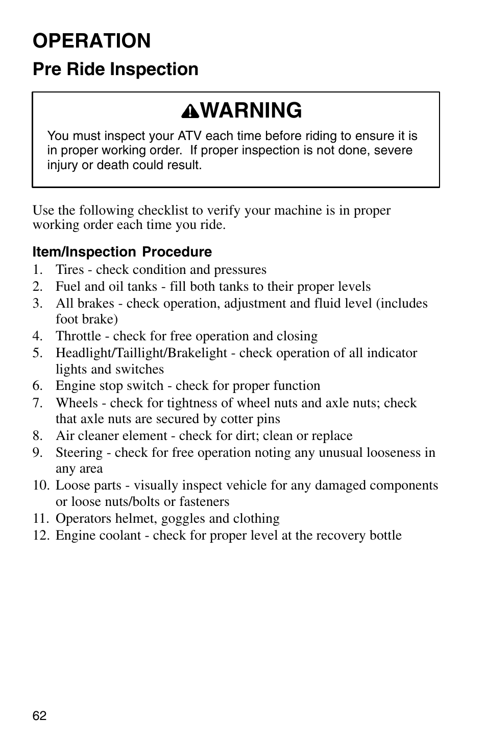 Warning, Operation, Pre ride inspection | Polaris Sprotsman 700 User Manual | Page 64 / 148