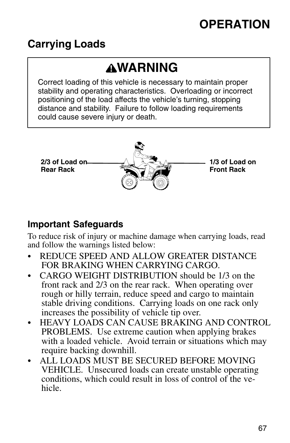 Warning, Operation, Carrying loads | Polaris Sprotsman 700 User Manual | Page 69 / 148