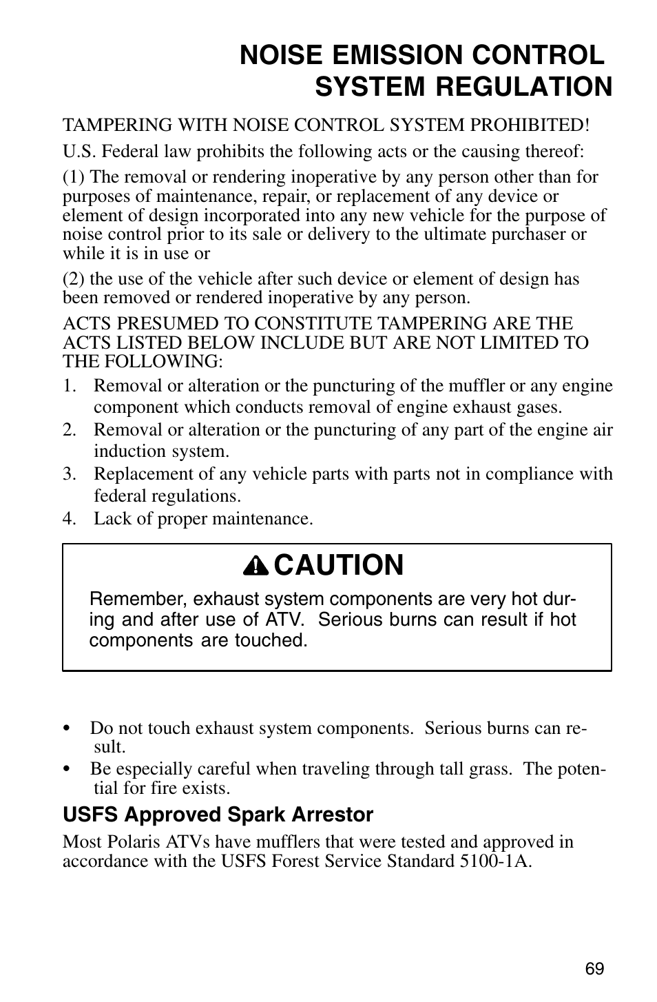 Caution, Noise emission control system regulation | Polaris Sprotsman 700 User Manual | Page 71 / 148