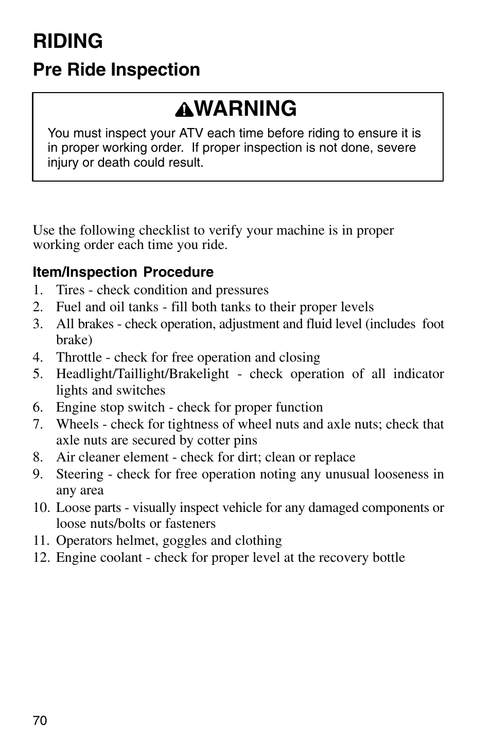 Warning, Riding, Pre ride inspection | Polaris Sprotsman 700 User Manual | Page 72 / 148