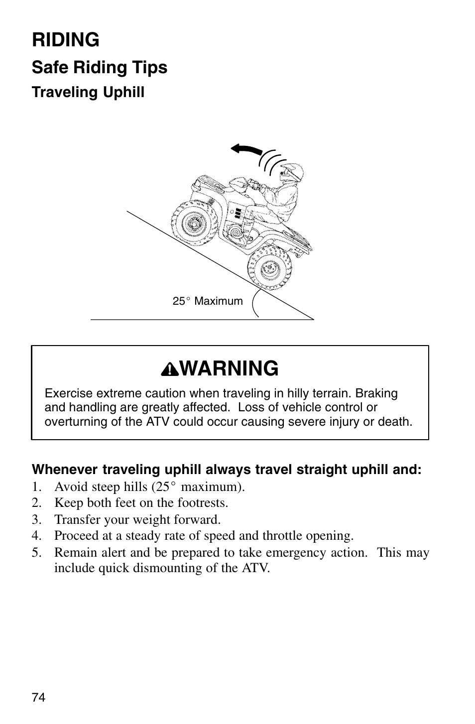 Warning, Riding, Safe riding tips | Polaris Sprotsman 700 User Manual | Page 76 / 148