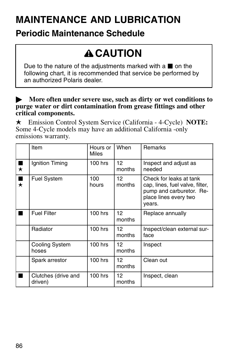 Caution, Maintenance and lubrication, Periodic maintenance schedule | Polaris Sprotsman 700 User Manual | Page 88 / 148