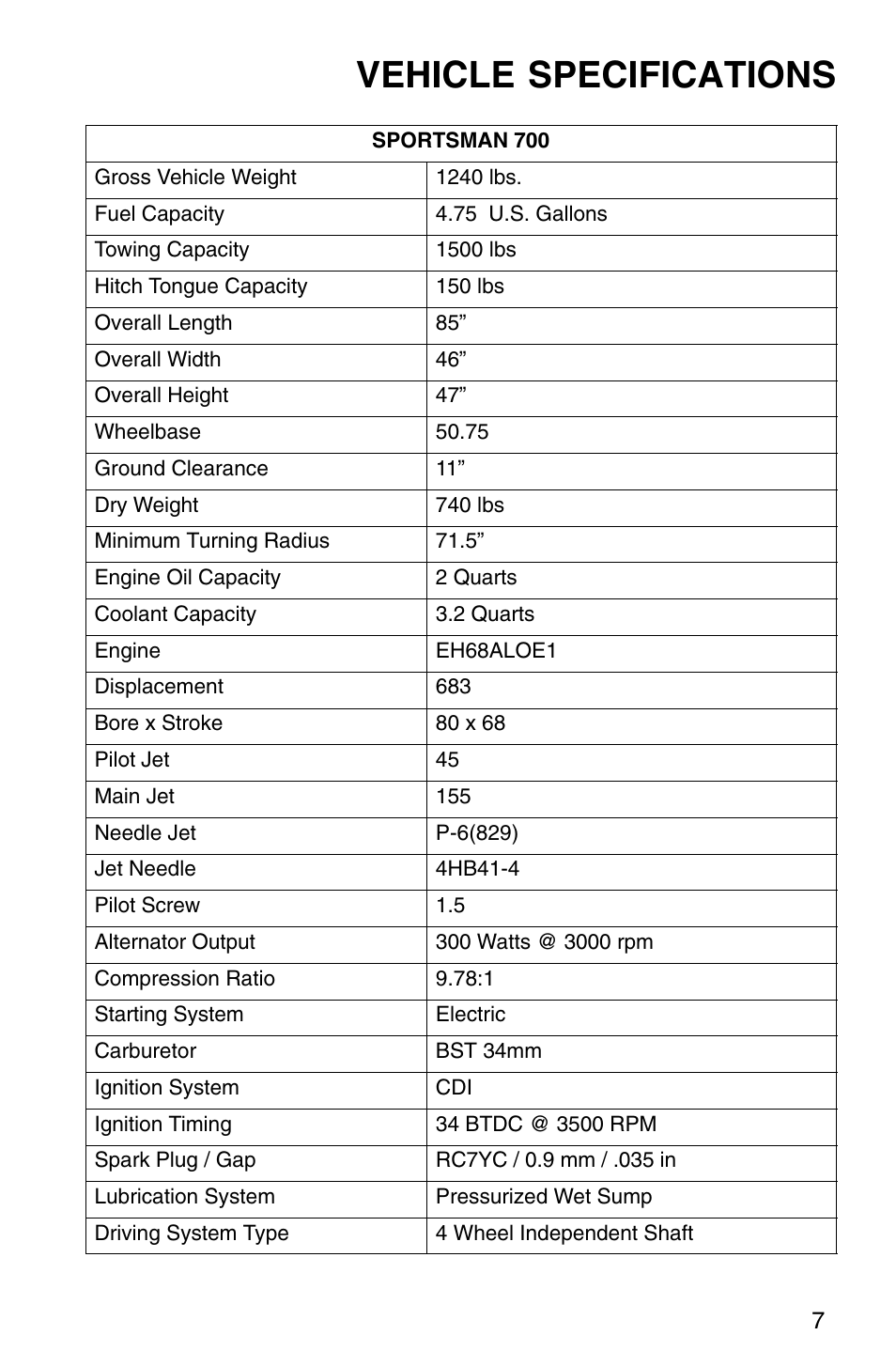 Vehicle specifications | Polaris Sprotsman 700 User Manual | Page 9 / 148