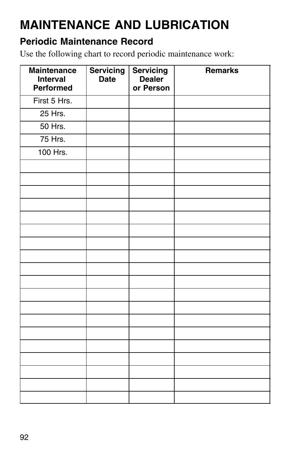 Maintenance and lubrication, Periodic maintenance record | Polaris Sprotsman 700 User Manual | Page 94 / 148