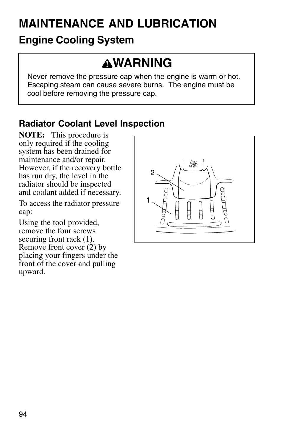 Warning, Maintenance and lubrication, Engine cooling system | Polaris Sprotsman 700 User Manual | Page 96 / 148