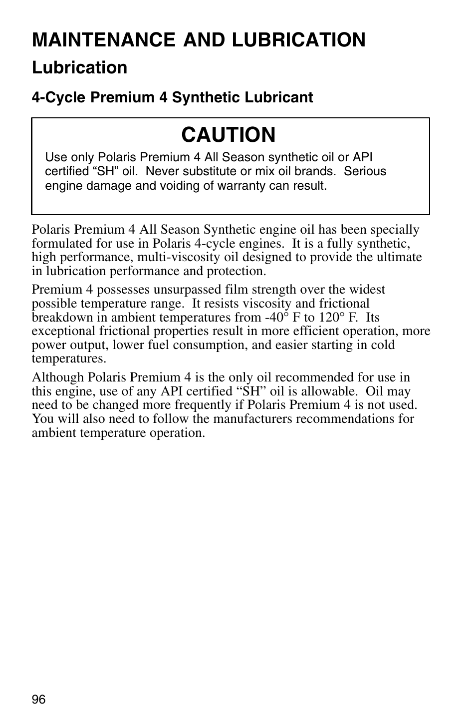 Caution, Maintenance and lubrication, Lubrication | Polaris Sprotsman 700 User Manual | Page 98 / 148