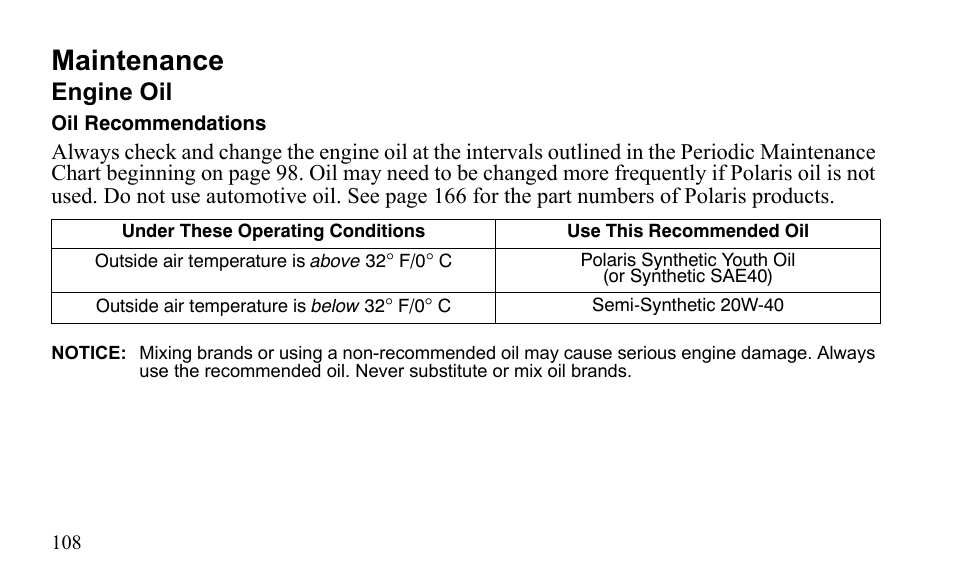 Maintenance, Engine oil | Polaris Sportsman 9922475 User Manual | Page 111 / 199