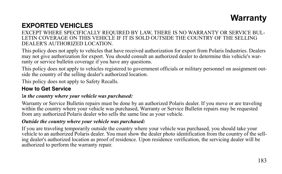 Warranty | Polaris Sportsman 9922475 User Manual | Page 186 / 199