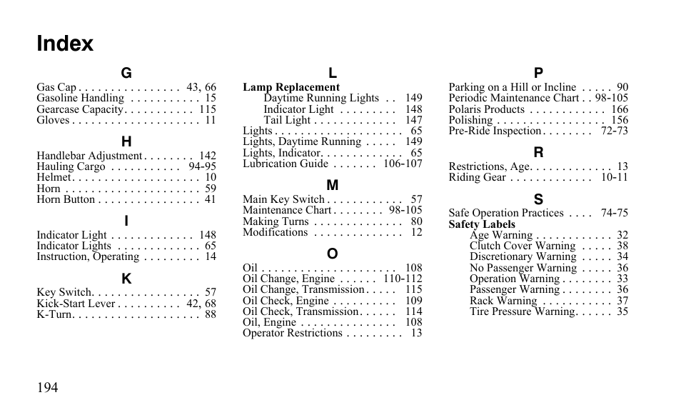Index | Polaris Sportsman 9922475 User Manual | Page 197 / 199