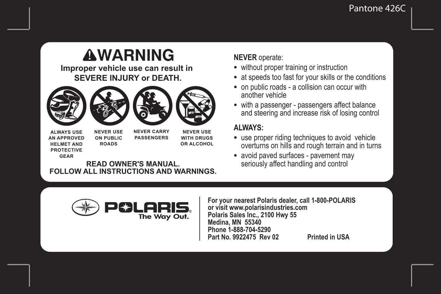 Warning, Pantone 426c | Polaris Sportsman 9922475 User Manual | Page 3 / 199