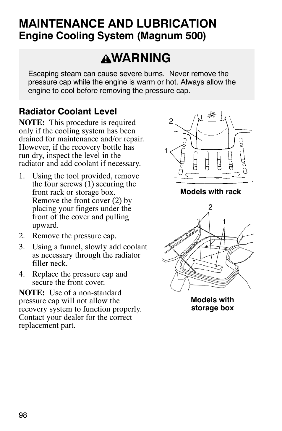 Warning, Maintenance and lubrication, Engine cooling system (magnum 500) | Polaris Magnum 330 User Manual | Page 101 / 151