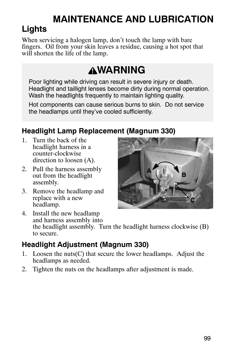 Warning, Maintenance and lubrication, Lights | Polaris Magnum 330 User Manual | Page 102 / 151