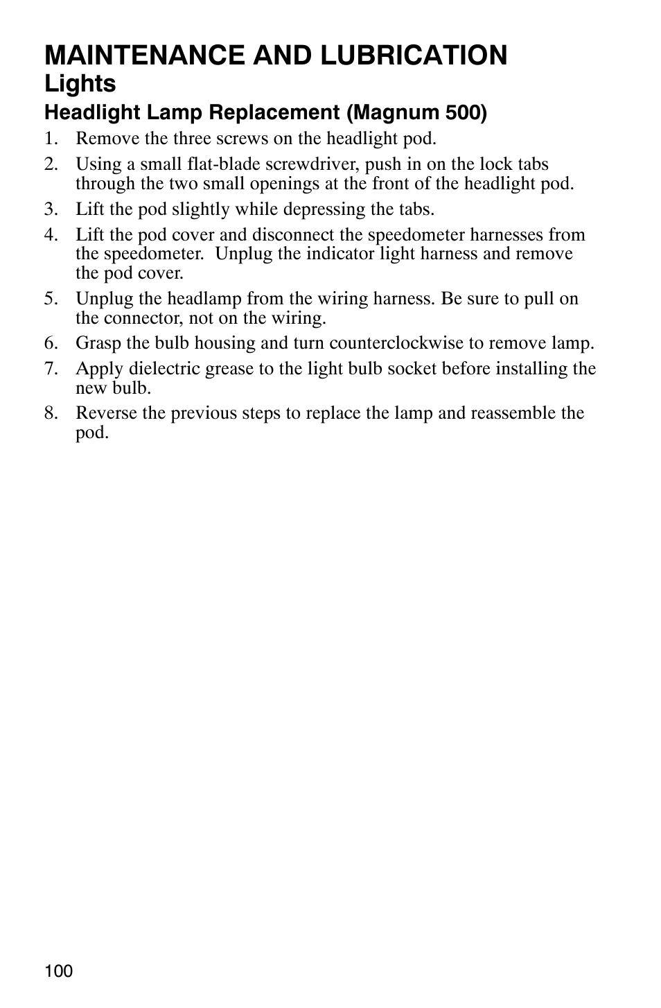 Maintenance and lubrication, Lights | Polaris Magnum 330 User Manual | Page 103 / 151