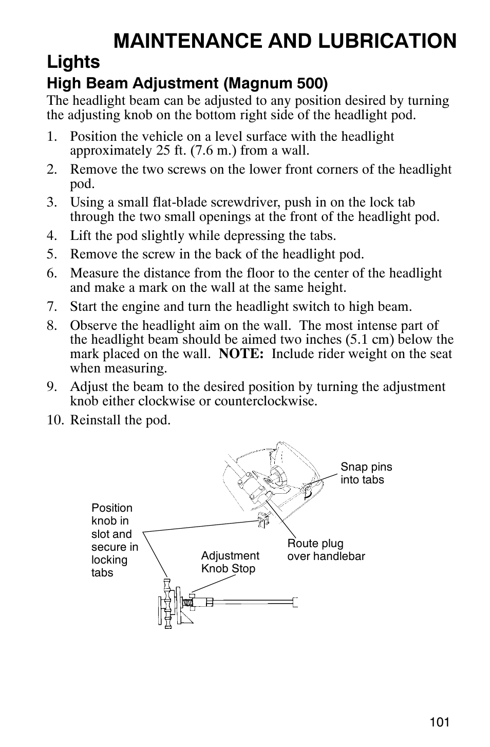 Maintenance and lubrication, Lights, High beam adjustment (magnum 500) | Polaris Magnum 330 User Manual | Page 104 / 151