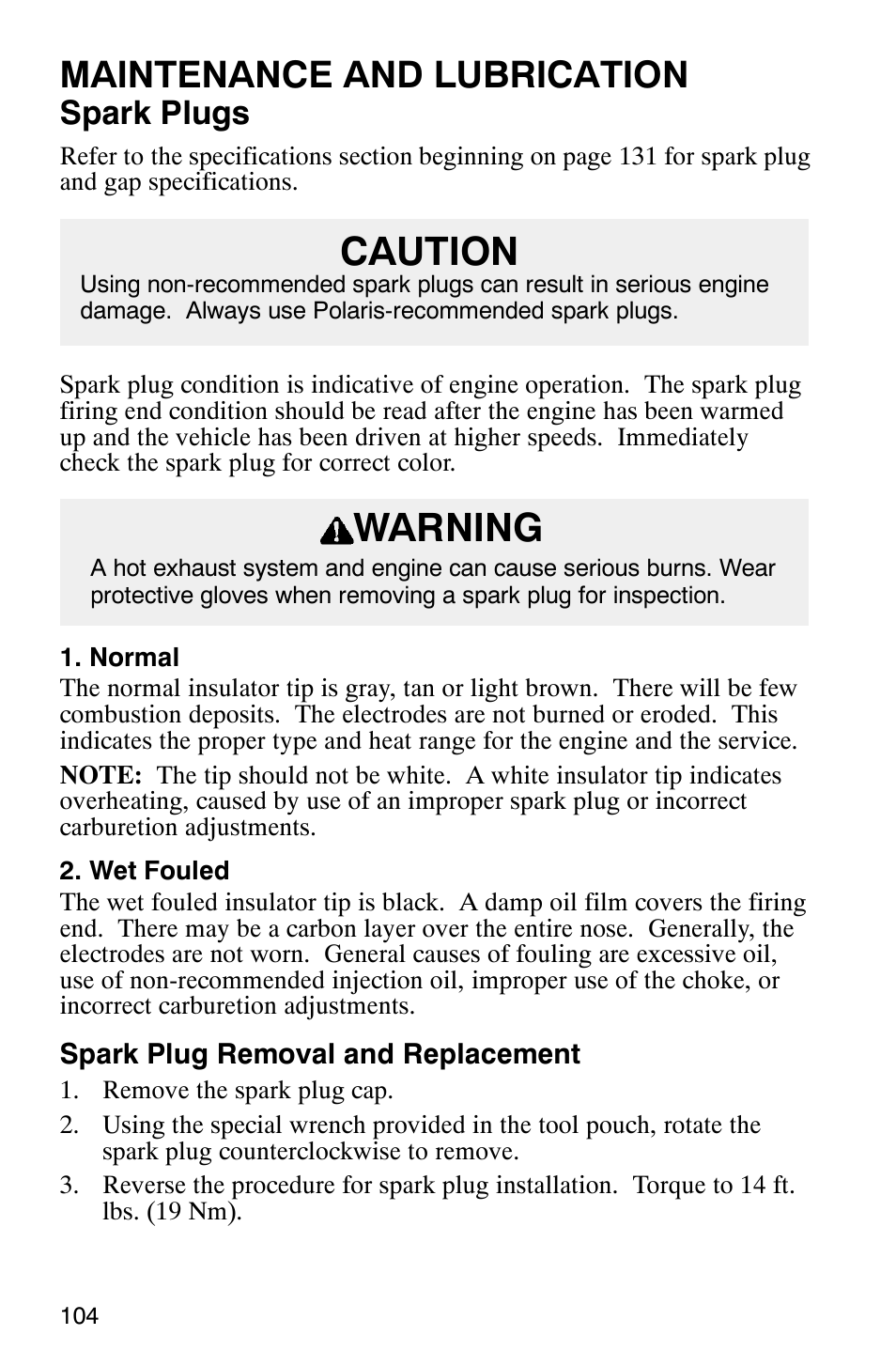 Caution warning, Maintenance and lubrication, Spark plugs | Polaris Magnum 330 User Manual | Page 107 / 151