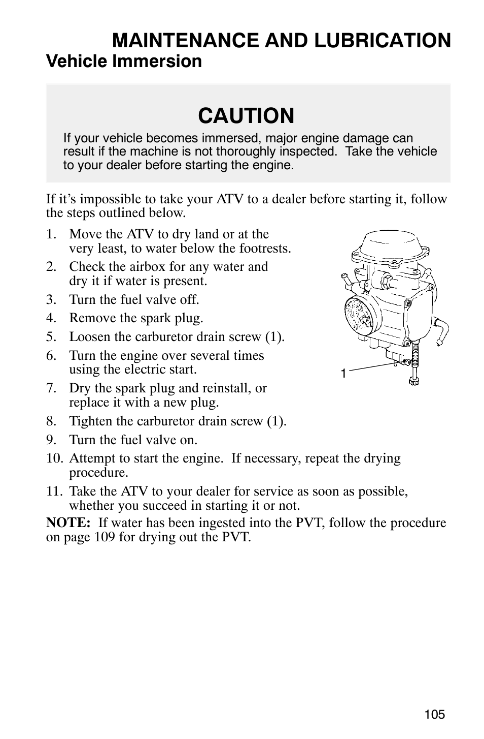 Caution, Maintenance and lubrication, Vehicle immersion | Polaris Magnum 330 User Manual | Page 108 / 151