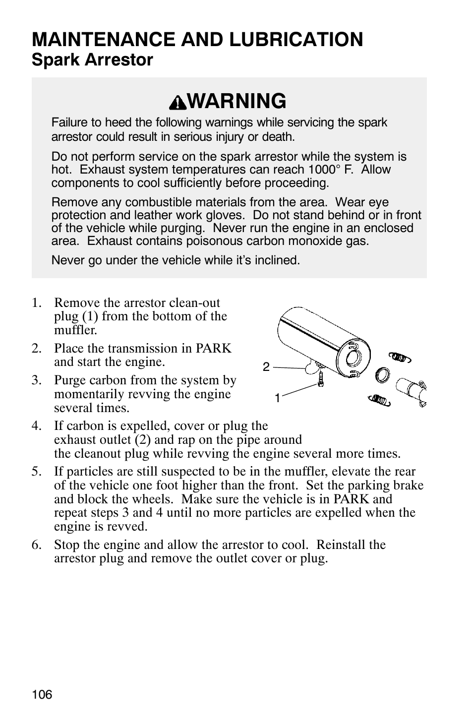 Warning, Maintenance and lubrication, Spark arrestor | Polaris Magnum 330 User Manual | Page 109 / 151