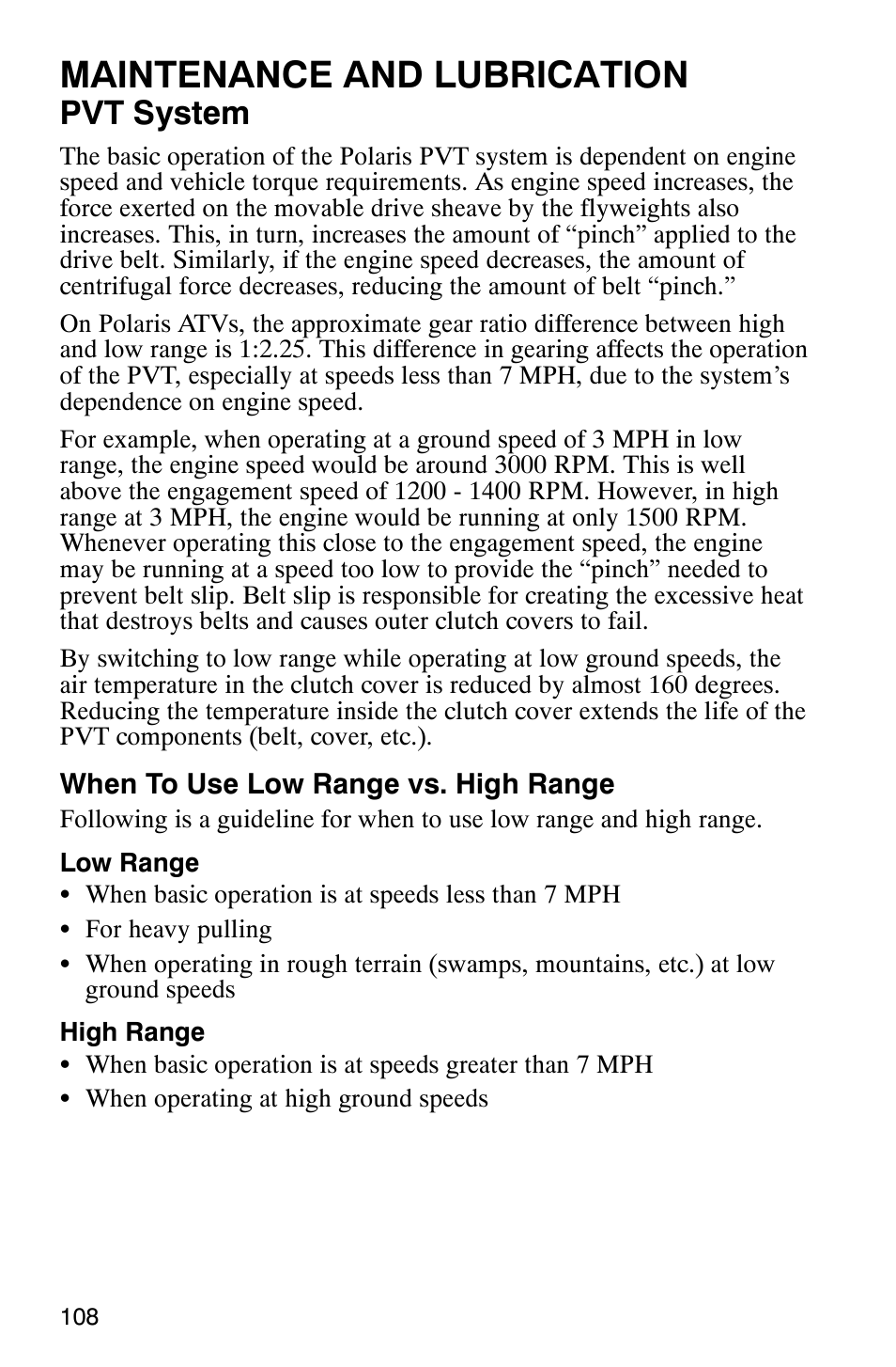 Maintenance and lubrication, Pvt system | Polaris Magnum 330 User Manual | Page 111 / 151