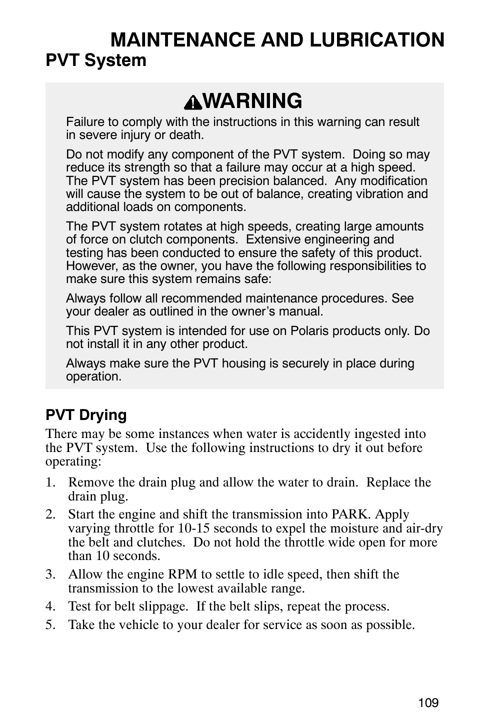 Warning, Maintenance and lubrication, Pvt system | Polaris Magnum 330 User Manual | Page 112 / 151